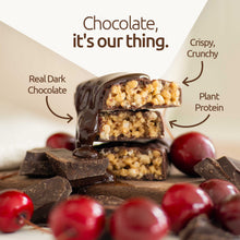 Load image into Gallery viewer, Dark chocolate bar with text highlighting ingredients on a wooden surface with red berries and chocolate.