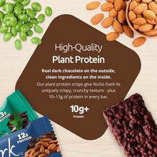 Load image into Gallery viewer, NuGo Dark chocolate protein bars with almonds, soy, and text about plant protein on a light wood background.