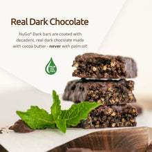 Load image into Gallery viewer, Dark chocolate bars with a mint leaf on a white surface, featuring NuGo brand text.
