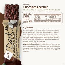 Load image into Gallery viewer, NuGo Dark Chocolate Coconut protein bar with nutrition facts and ingredients listed.
