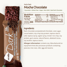 Load image into Gallery viewer, NuGo Dark Mocha Chocolate protein bar packaging with nutrition facts and ingredients listed.