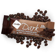 Load image into Gallery viewer, NuGo Dark Mocha Chocolate protein bar surrounded by coffee beans on a white background