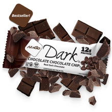 Load image into Gallery viewer, Nugo Dark Chocolate Chocolate Chip protein bar with chocolate pieces on a white background
