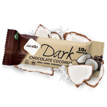 Load image into Gallery viewer, NuGo Dark Chocolate Coconut protein bar with coconut slices on a white background
