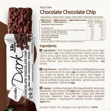Load image into Gallery viewer, NuGo Dark Chocolate Chocolate Chip protein bar packaging with nutritional information and ingredients list.
