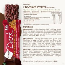 Load image into Gallery viewer, NuGo Dark Chocolate Pretzel bar packaging with nutritional information and ingredients listed.
