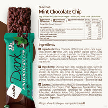 Load image into Gallery viewer, NuGo Dark Mint Chocolate Chip protein bar packaging with nutritional information and ingredients list.
