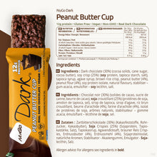 Load image into Gallery viewer, NuGo Dark Peanut Butter Cup protein bar packaging with nutritional information and ingredients list.
