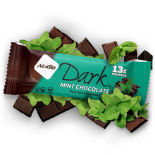 Load image into Gallery viewer, NuGo Dark Mint Chocolate protein bar with mint leaves on a white background
